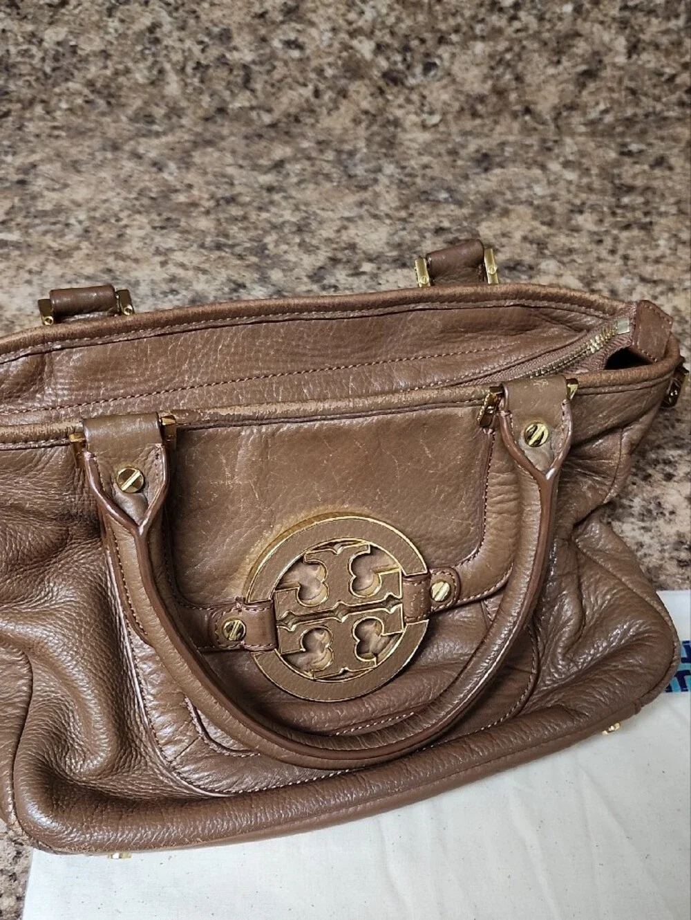 Tory Burch Amanda Brown Leather Satchel Handbag with Gold Logo Accent